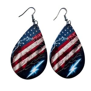 Wooden Patriotic Red White and Blue with Lightning Teardrop Earrings